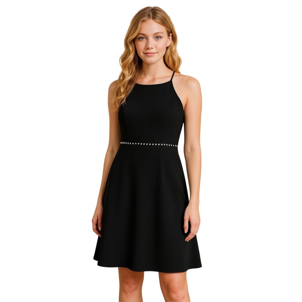 Betsy and Adam Black Dress with Rhinestone Waist - Size 13/14